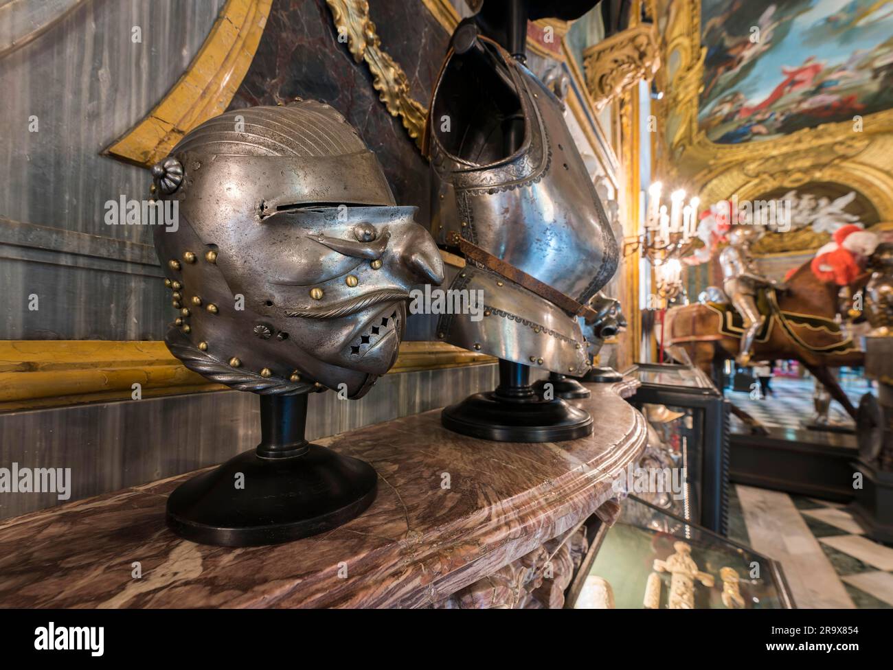 Frighteningly ugly knight's armour helmet (Armeria) Reale, Royal Armoury, Palazzo Reale di Torino, Residence Palace of the Kings of Savoy, Turin Stock Photo