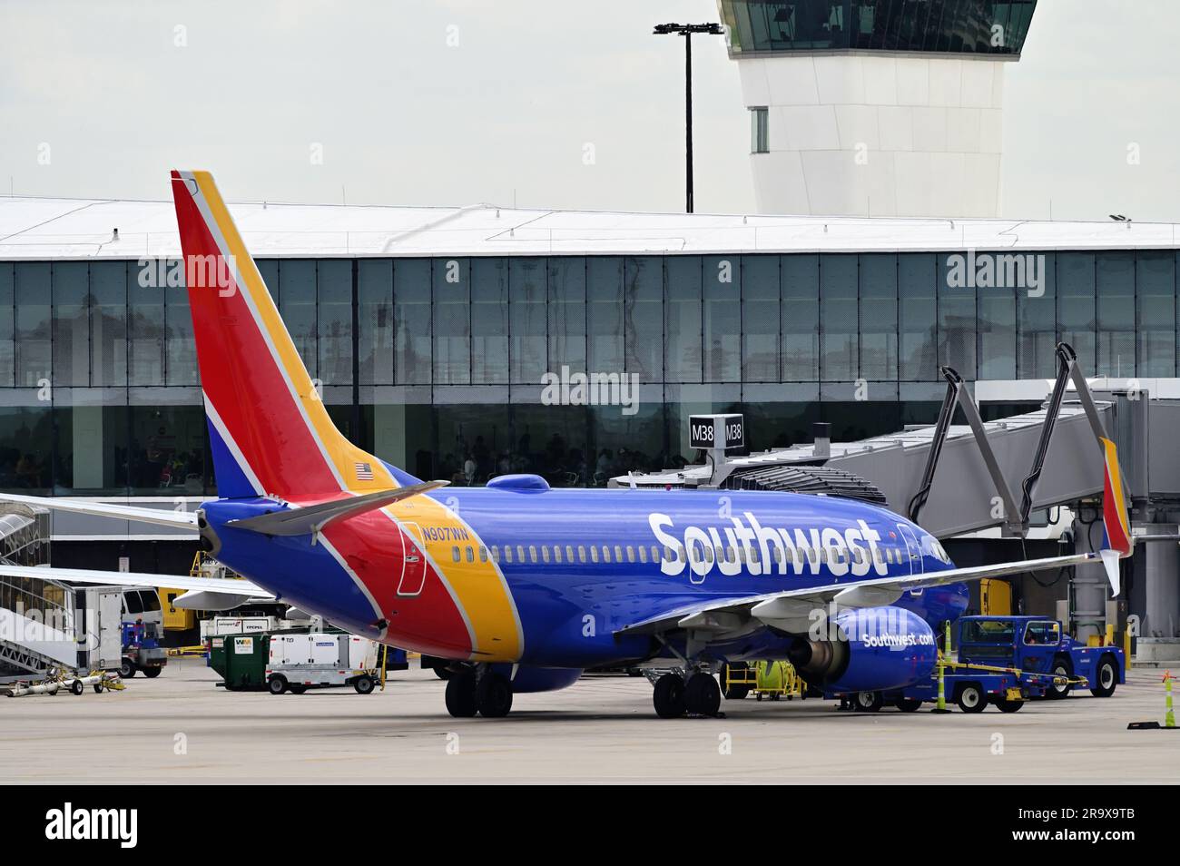 Chicago, Illinois, USA. A Southwest Airlines jet sits at a terminal
