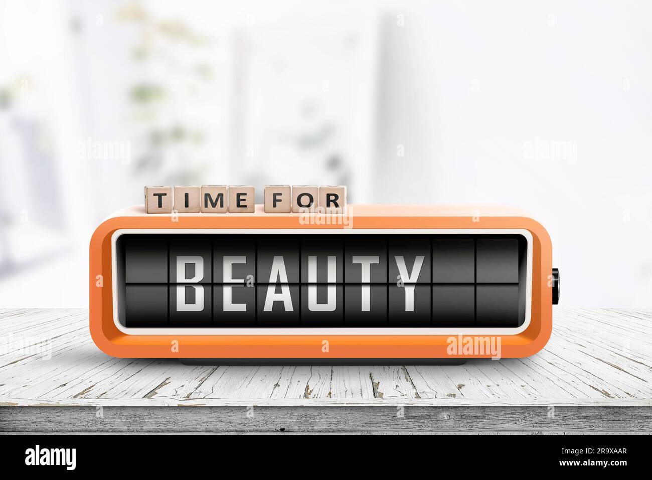 Time for beauty message on a retro alarm clock in a bright living room
