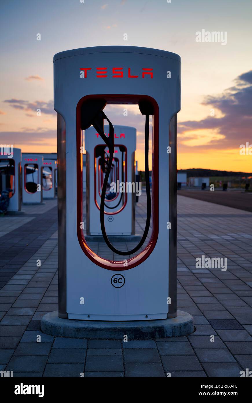 Tesla Supercharger, Logo, Charging station for electric cars, Electric charging station, Charging column, E-filling station, E-mobility, Ulm Stock Photo