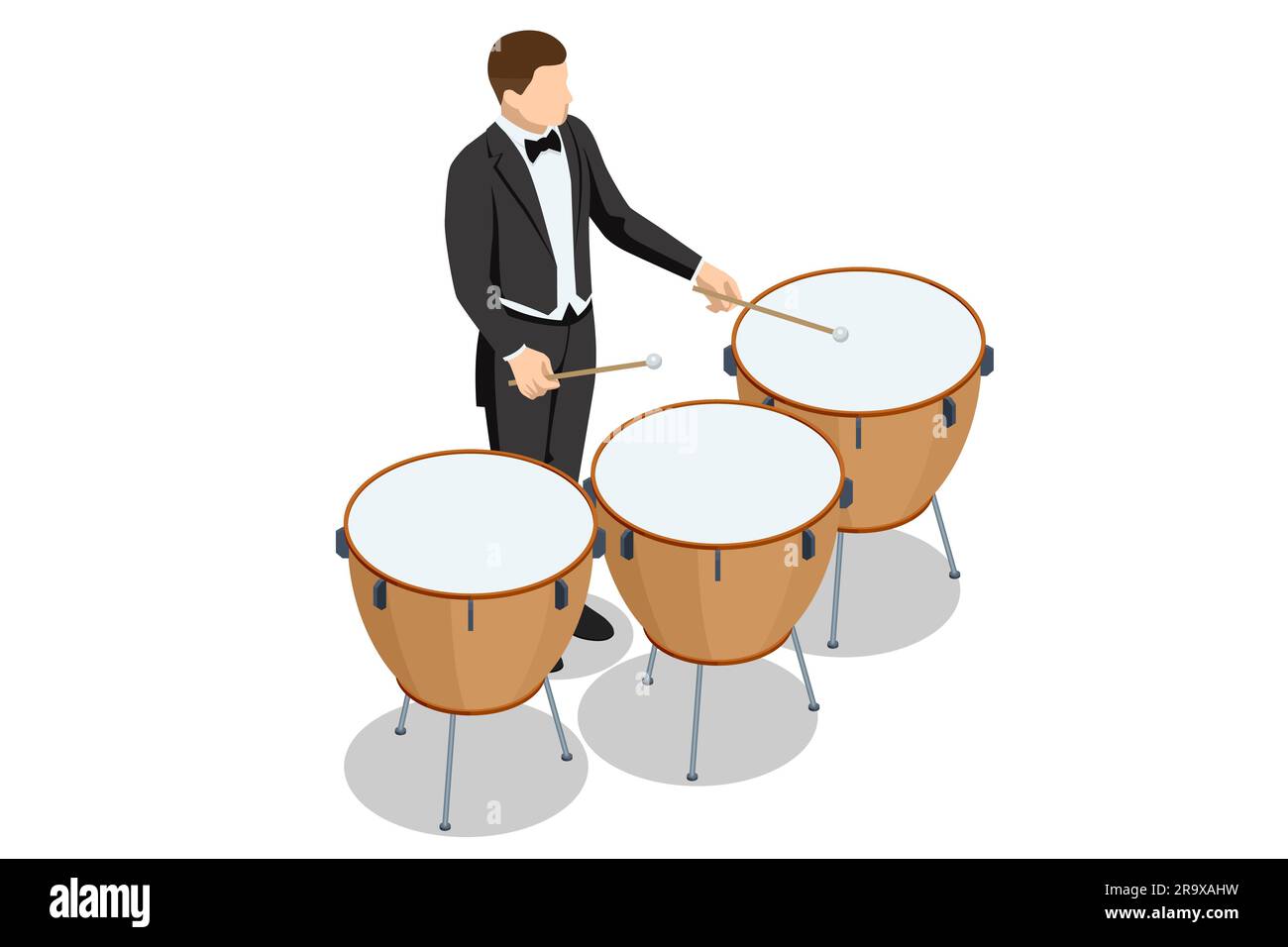Isometric brown timpani isolated on white background. Timpani percussion musical instrument Stock Vector