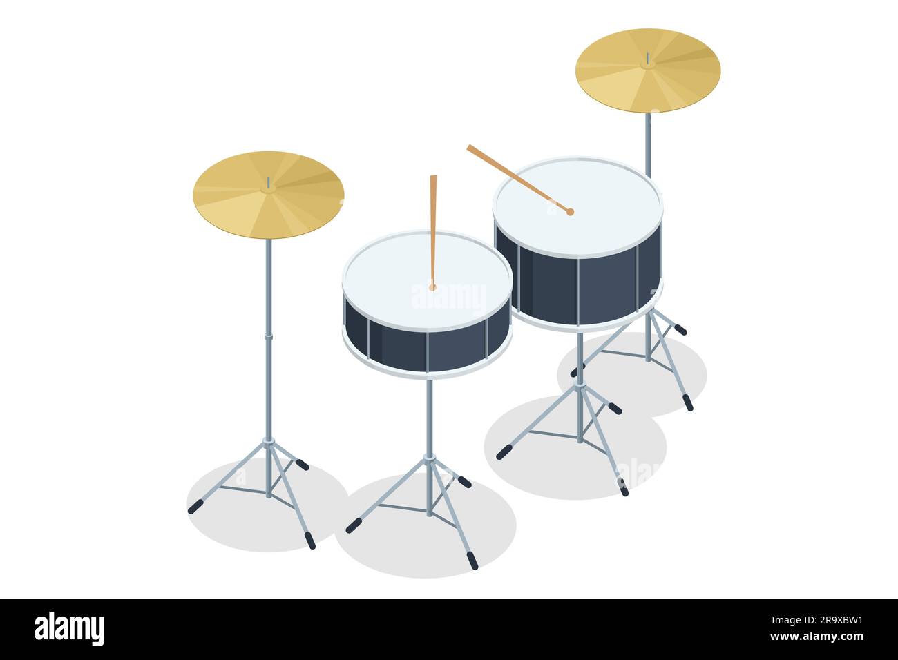 Isometric Black Drum Kit with drum sticks isolated on white background ...