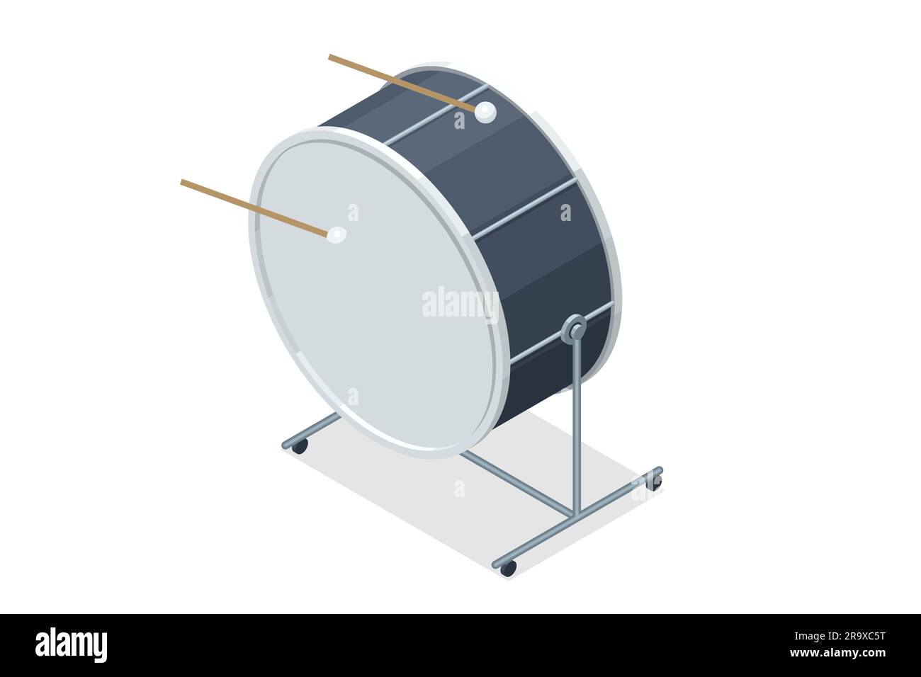 Isometric classic musical instrument big drum with drum sticks isolated