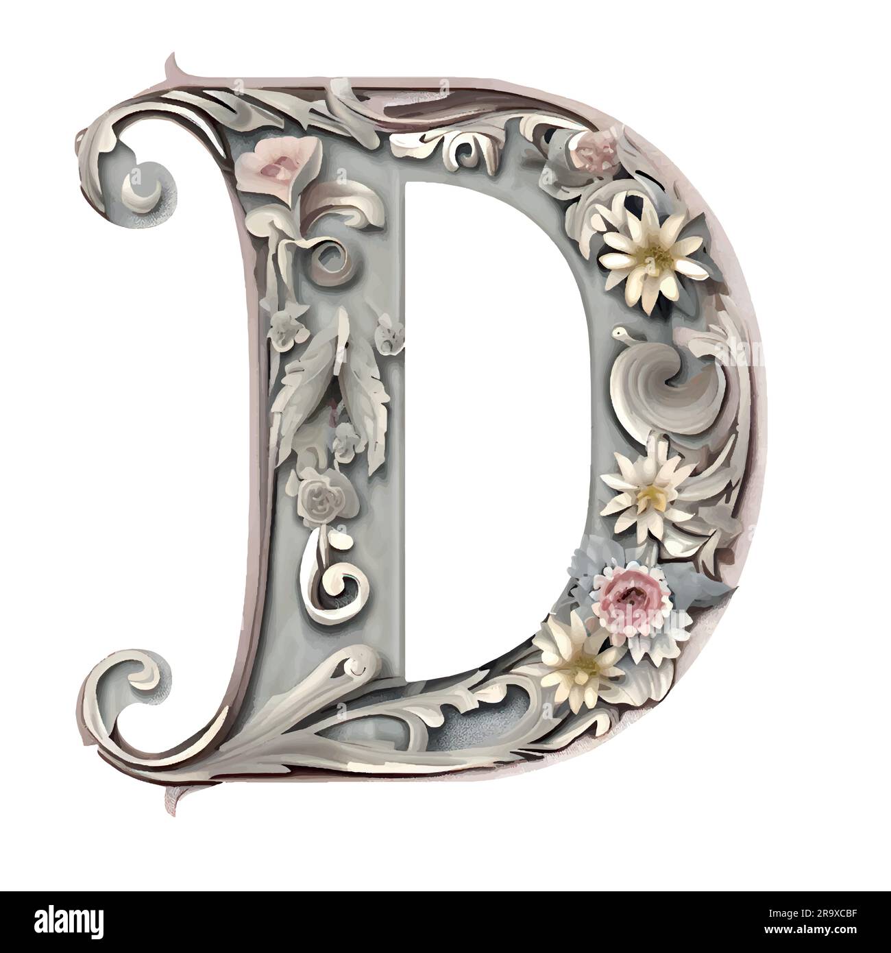 letter d on plasterboard with flowers. Luxury capital letter d decorated with flowers. Decorative capital letter d with floral ornament. 3D rendering Stock Vector