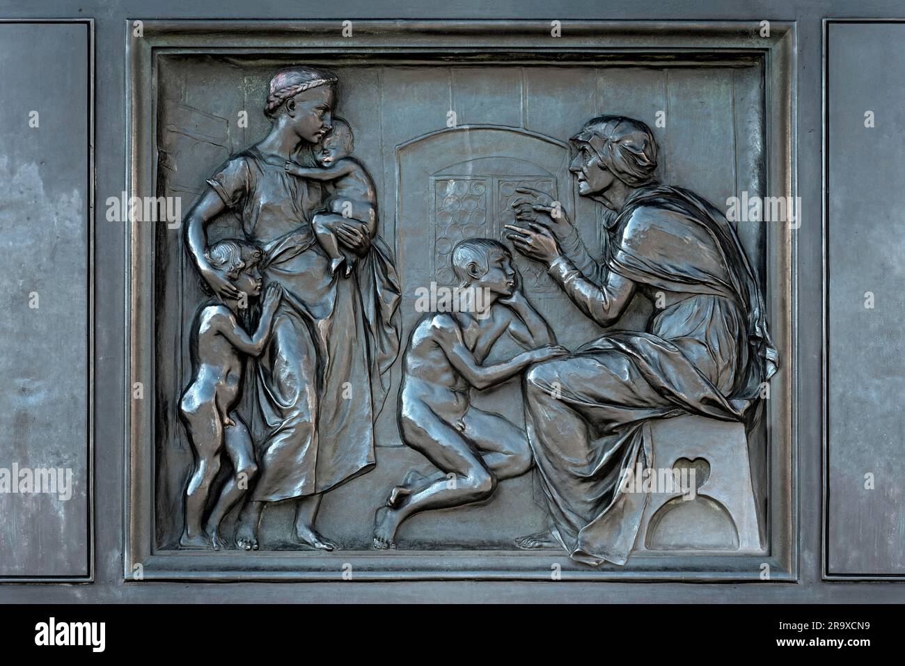 Bronze plate, allegorical relief, monument Brothers Jakob and Wilhelm Grimm, Brothers Grimm Monument, German studies, fairy tales, German Fairy Tale Stock Photo
