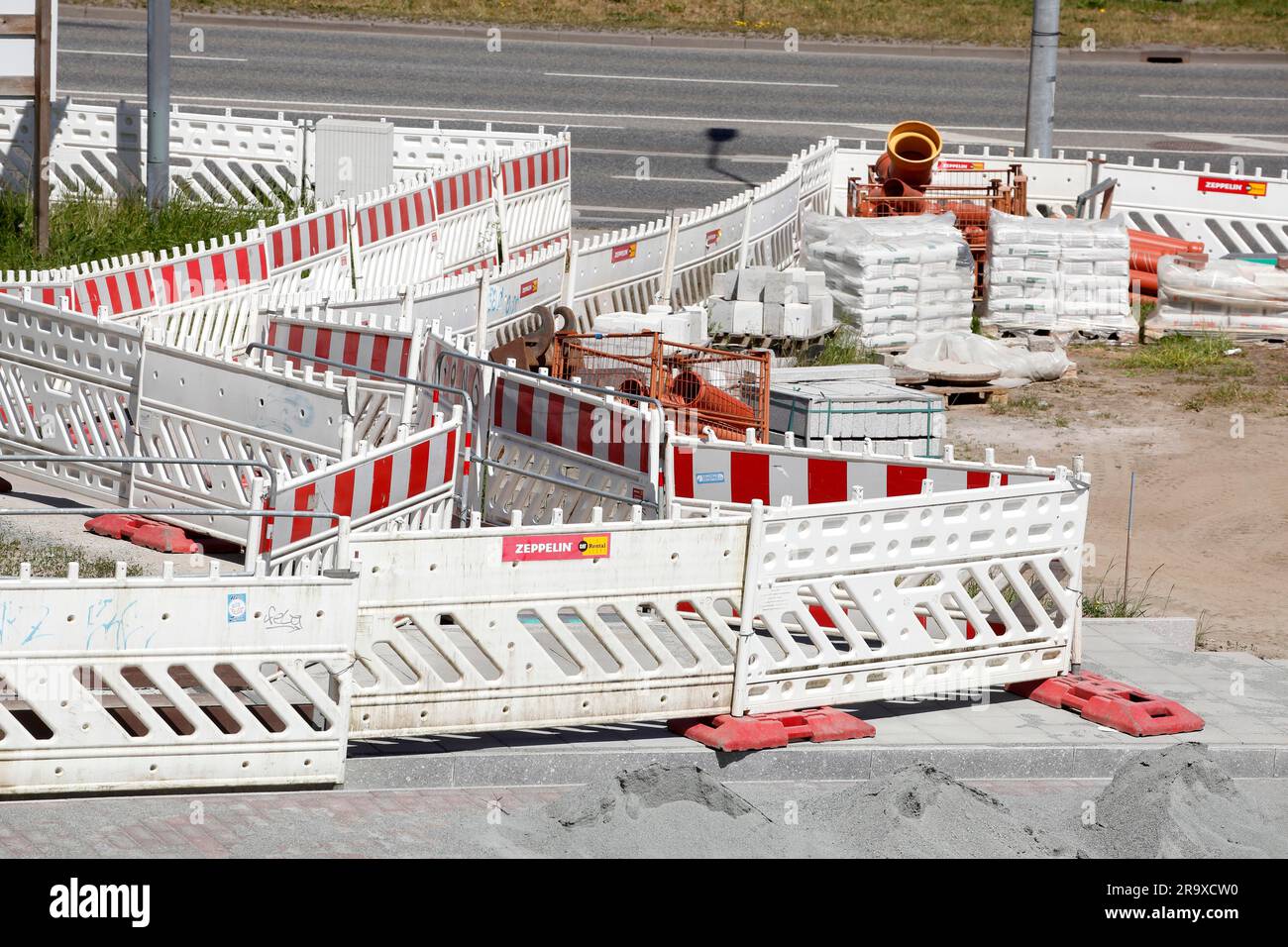 Barricading of a construction site for road works, Rostock, Mecklenburg-Vorpommern, Deutschlaned Stock Photo