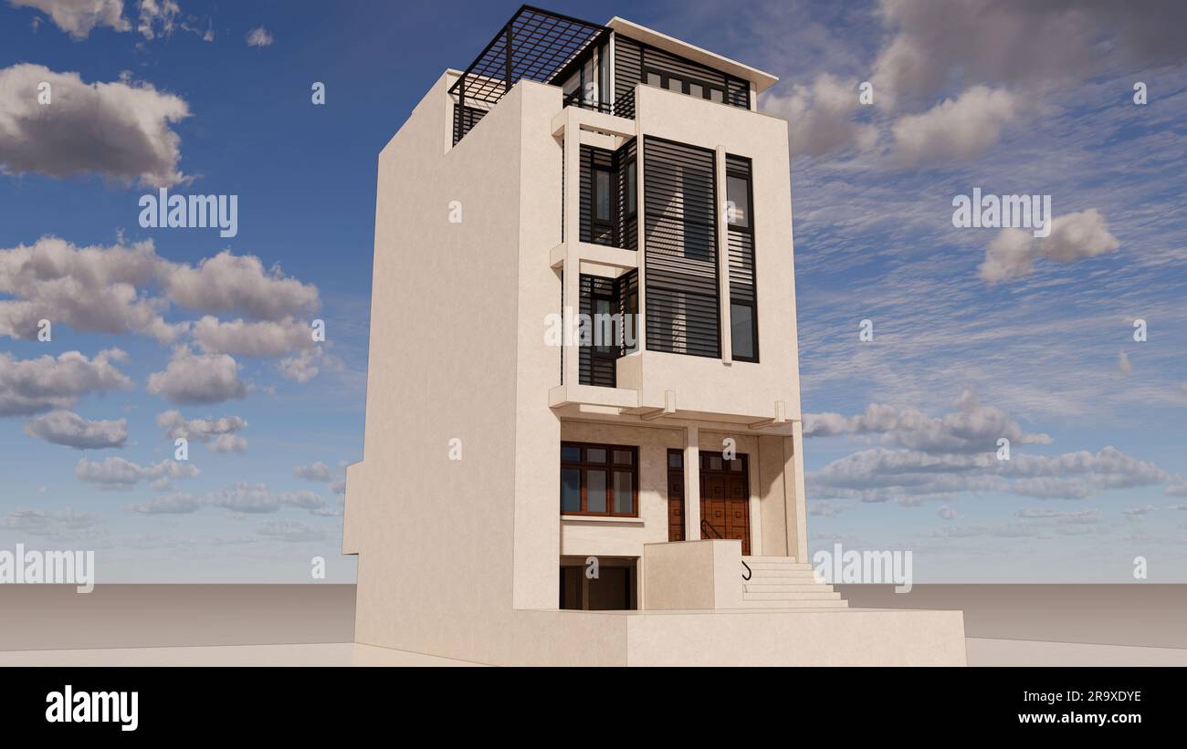 3D rendered image of a contemporary apartment building, featuring a ...