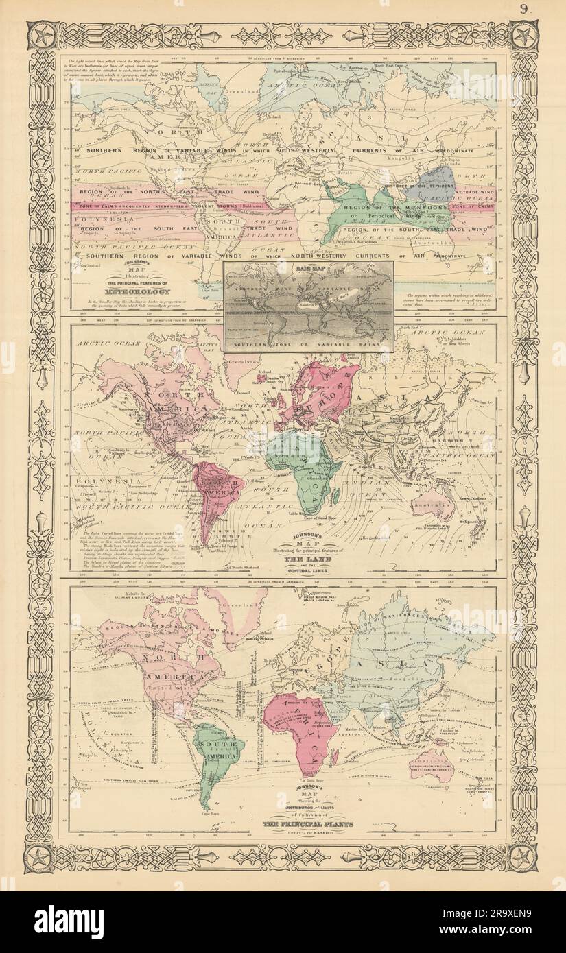 World Meteorology. Land features. Co-tidal Lines. Agriculture. JOHNSON 1866 map Stock Photo