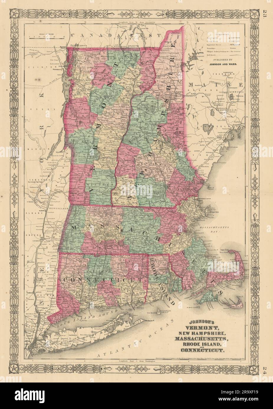 Johnson's Vermont New Hampshire Massachusetts Rhode Island Connecticut 1866 map Stock Photo