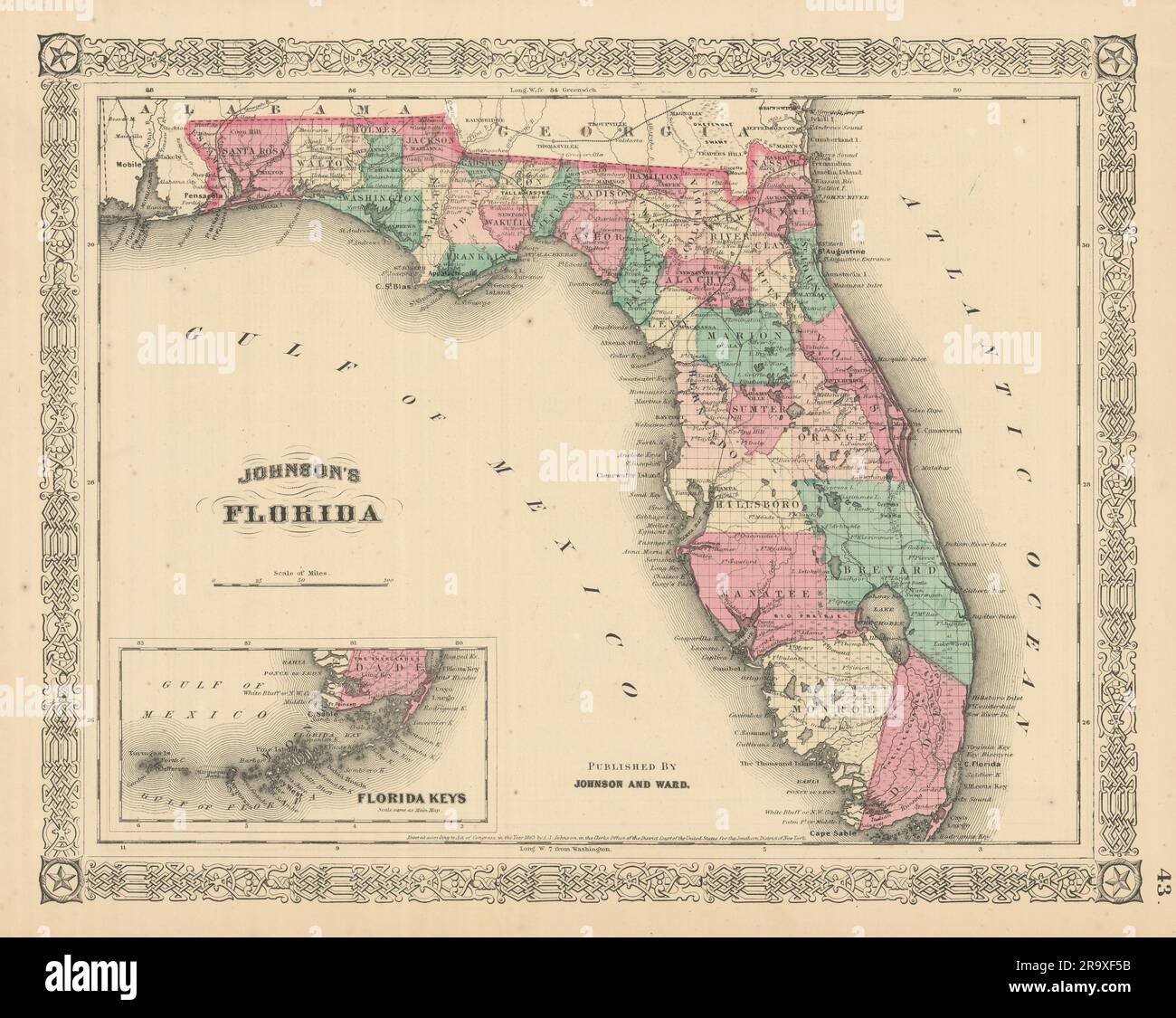 Johnson 39 s Florida Florida Keys - Johnsons Florida Florida Keys Us State Map Showing Counties 1866 Old 2R9XF5B