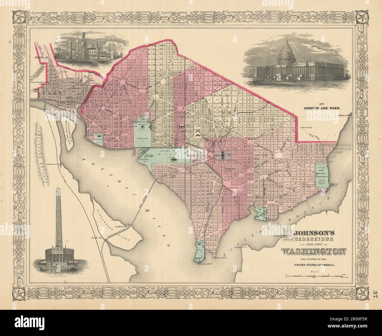 Johnson's Georgetown and the City of Washington DC 1866 old antique map chart Stock Photo