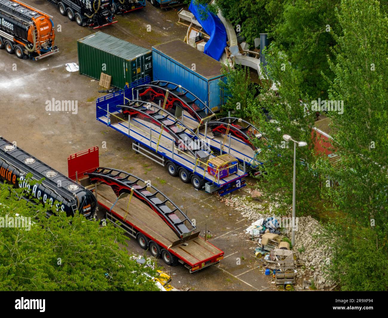 Aerial Images of The Old Removed Nemesis Track and the Brand New and painted sections at a storage location away from Alton Towers Stock Photo