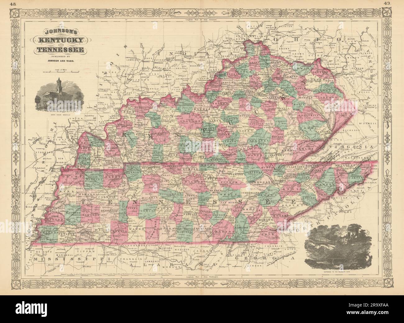 Johnson's Kentucky and Tennessee. US state map showing counties 1866 old Stock Photo