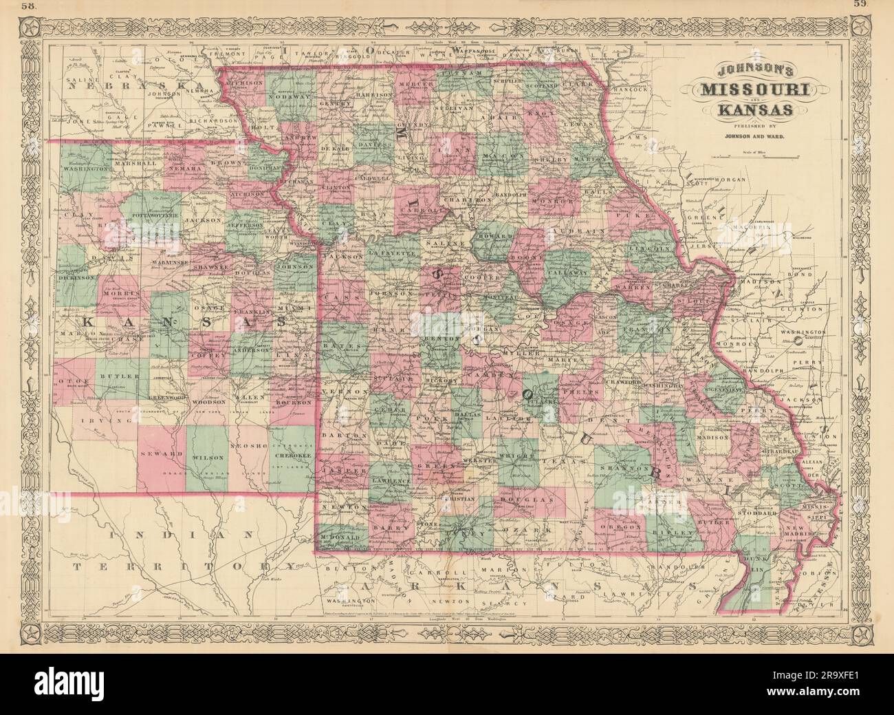 Johnson's Missouri & Kansas. US state map showing counties 1866 old Stock Photo