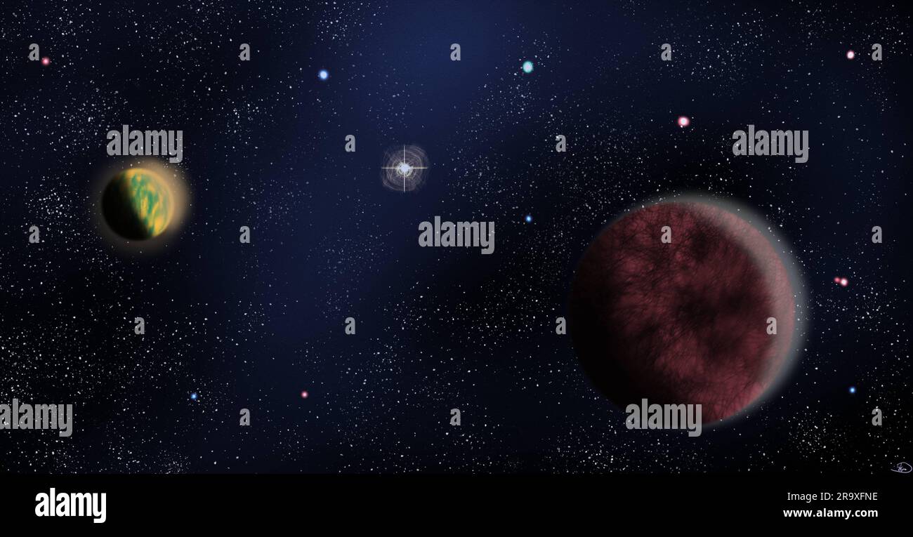 An ethereal illustration of a space scene, featuring several planets ...