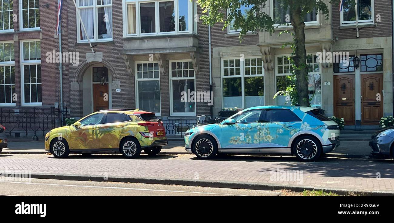 Amsterdam, Netherlands. June 23, 2023. Van Goghthemed cars in the