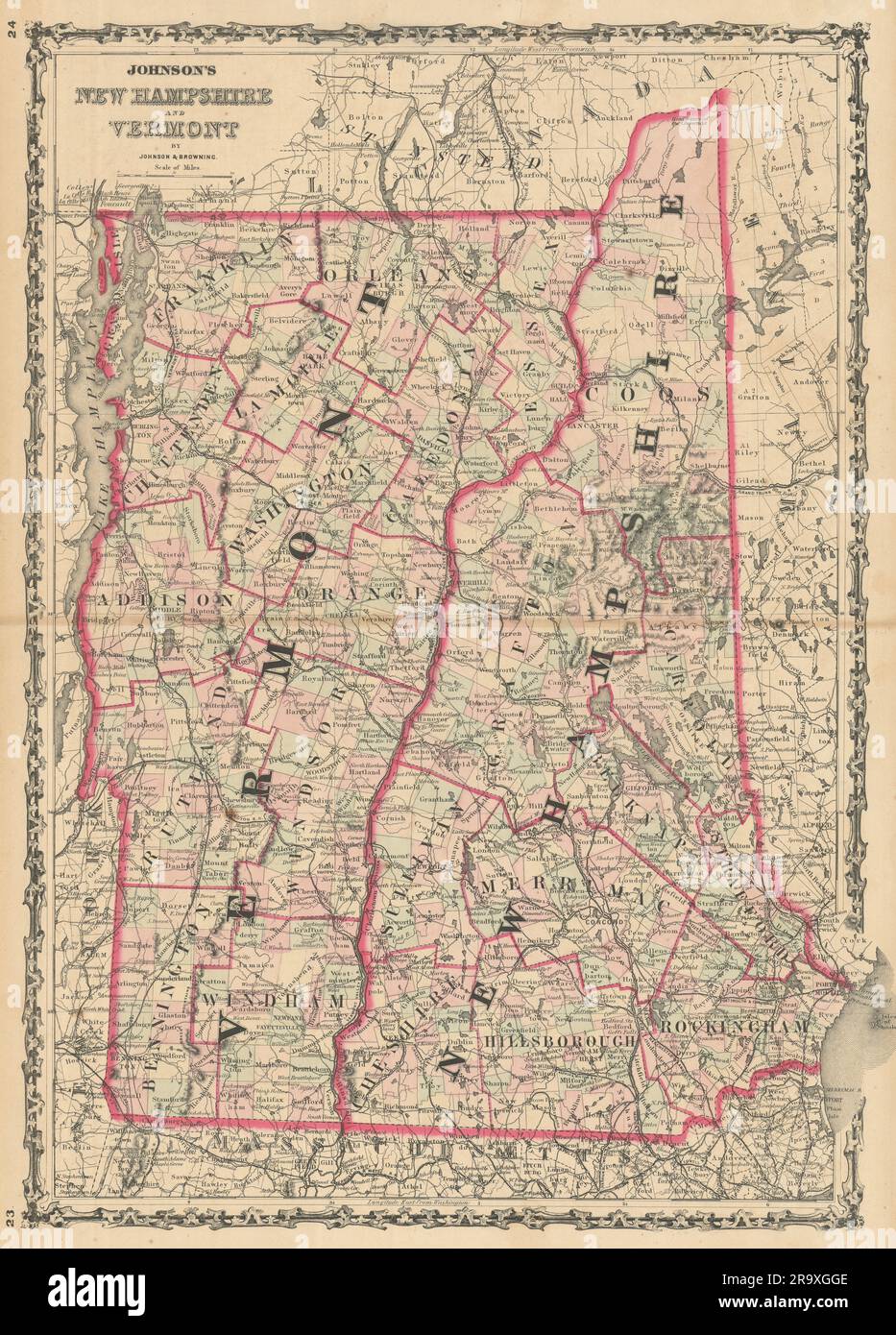 Johnson's New Hampshire & Vermont. US State map showing counties 1861 old Stock Photo