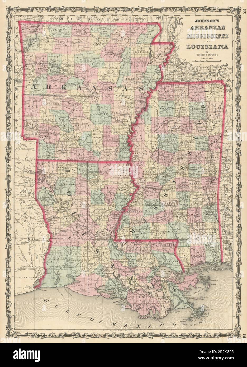 Johnson's Arkansas, Mississippi & Louisiana showing counties/parishes