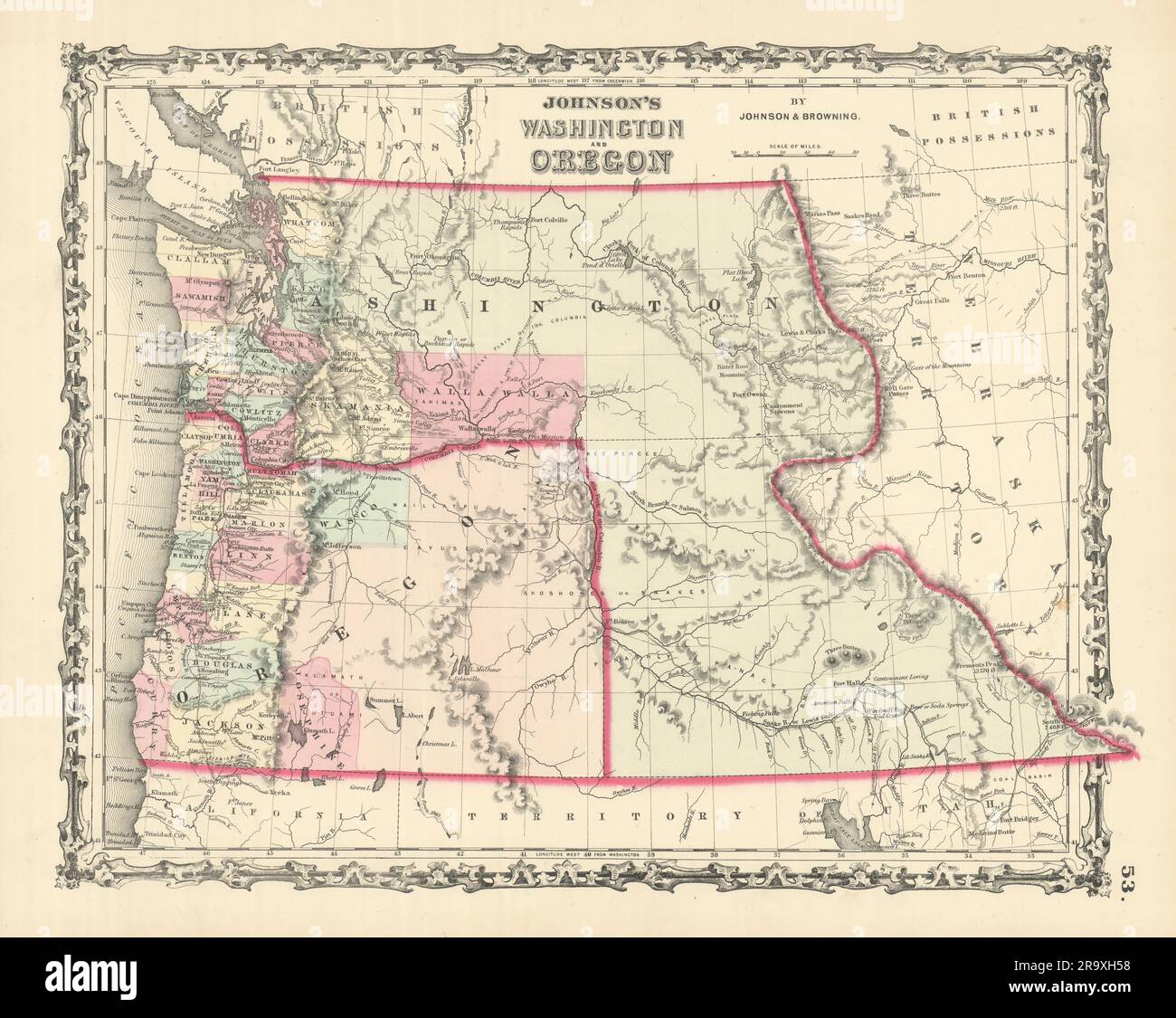 Johnson's Washington [Territory] and Oregon. Idaho & Montana. Counties 1861 map Stock Photo