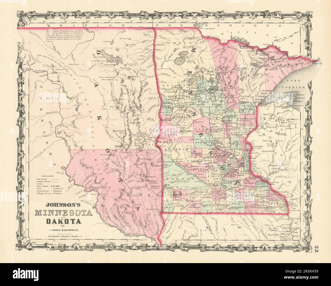 Johnson's Minnesota and Dakota [Territory]. US state map with counties