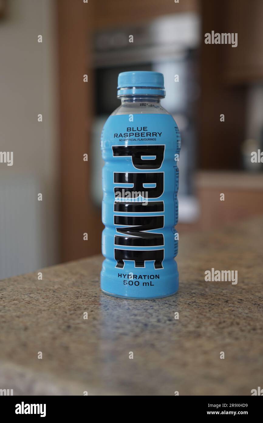 Prime Drink on Kitchen Top. Blue Raspberry Prime Hydration Drink. Logan Paul. KSI. Stock Photo