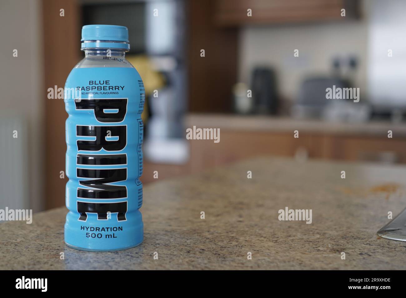 Prime Drink on Kitchen Top. Blue Raspberry Prime Hydration Drink. Logan Paul. KSI. Stock Photo