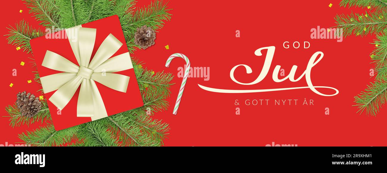 Merry Christmas and Happy New Year lettering in Swedish (God Jul och Gott Nytt År). Christmas banner Stock Photo