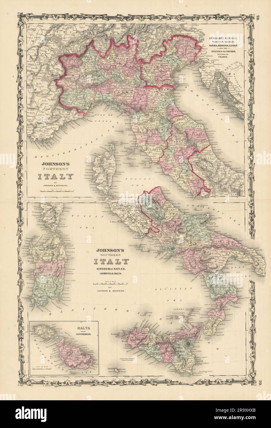 Johnson's Northern & Southern Italy. Malta. Unusual juxtaposition 1861 old map Stock Photo
