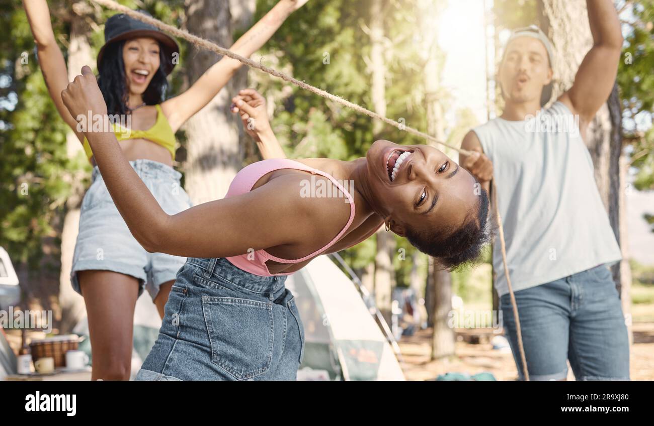 Limbo Rope Game Happy, portrait and friends playing limbo for freedom, holiday games ...