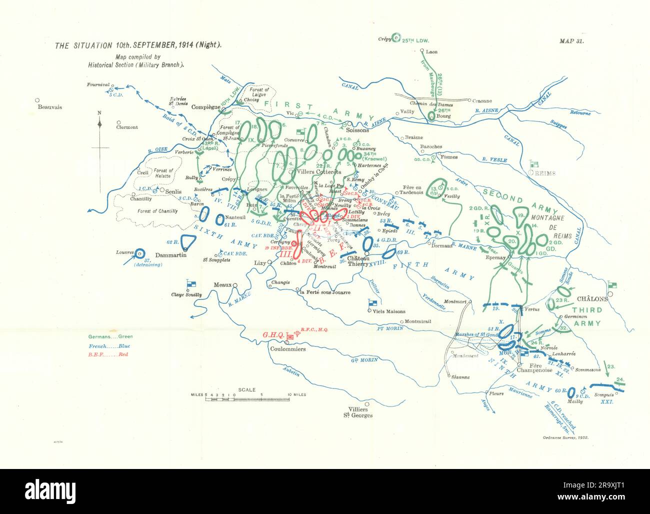 Battle of the Marne. Situation 10th September, 1914 night. WW1. 1933 old map Stock Photo