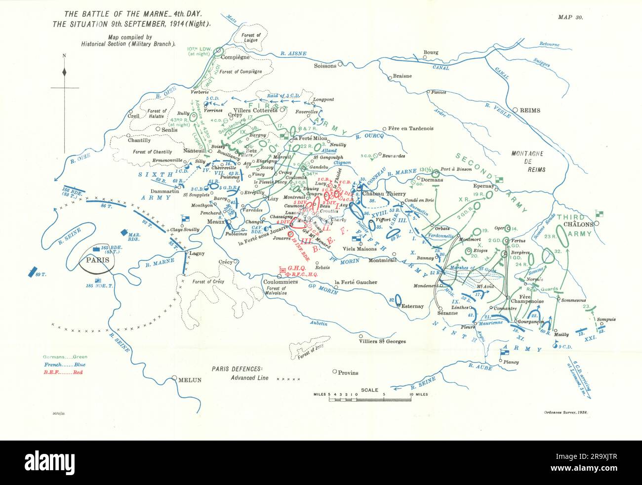 Battle of the Marne. Situation 9th September, 1914 night. WW1. 1933 old map Stock Photo