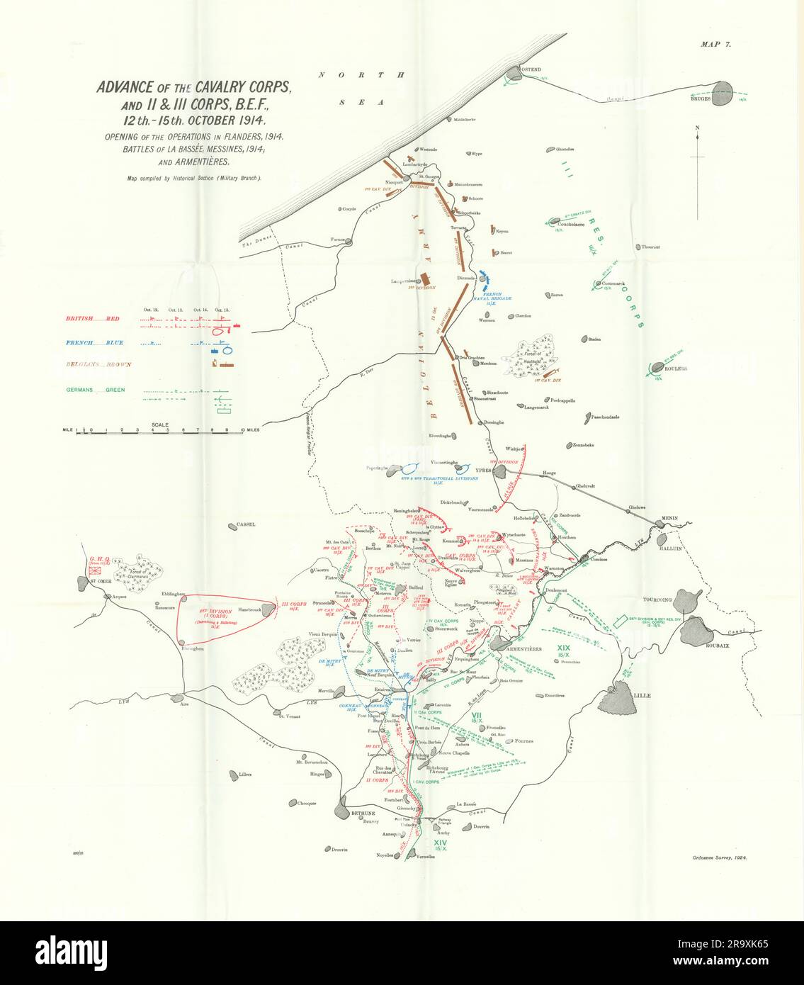 Battles of Messines, Bassée & Armentières. 12-15 October 1914. WW1. 1933 map Stock Photo