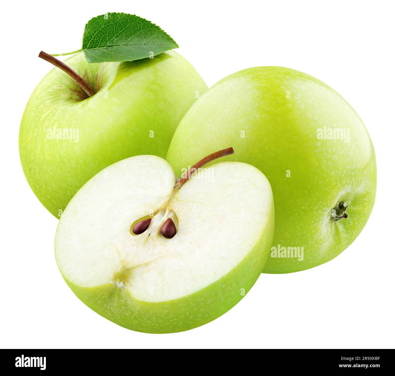 Green apple fruit with leaf and half isolated on white background with clipping path. Full Depth of Field Stock Photo