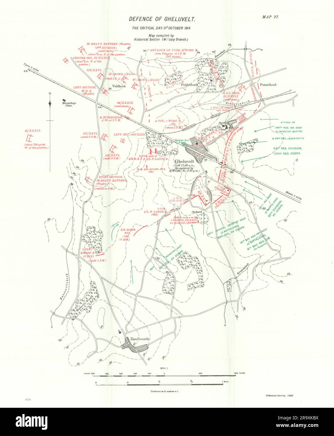 Defence of Gheluvelt. 31st October 1914. Battle of Ypres. WW1. 1933 old map Stock Photo