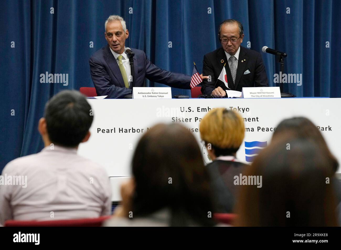 U.S. Ambassador to Japan Rahm Emanuel, left, and Hiroshima Mayor Kazumi Matsui, right, speak after signing for a sister park arrangement between the Pearl Harbor National Memorial and the Hiroshima Peace Memorial Park at the U.S. Embassy Thursday, June 29, 2023 in Tokyo. (AP Photo/Eugene Hoshiko) Stock Photo