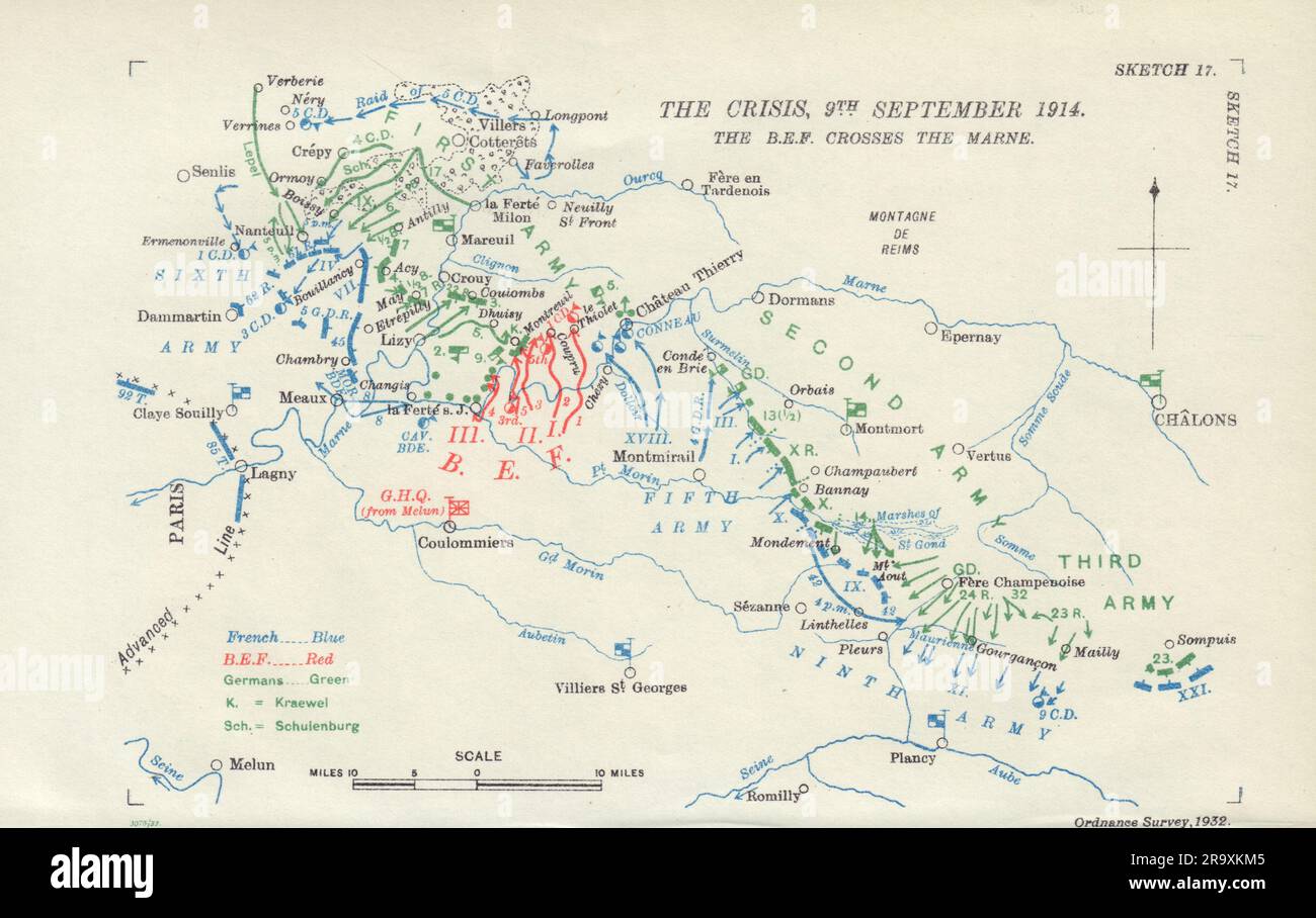 Battle of the Marne. Crisis 9th September 1914 B.E.F. crosses the Marne 1933 map Stock Photo