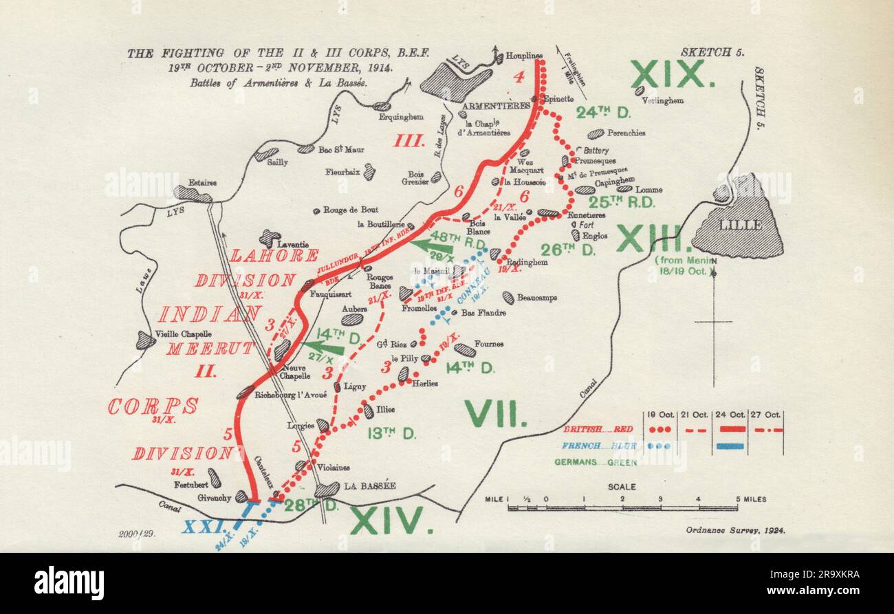 Battles of Armentière & La Bassée, 19th Oct-2nd Nov, 1914. WW1. 1925 old map Stock Photo