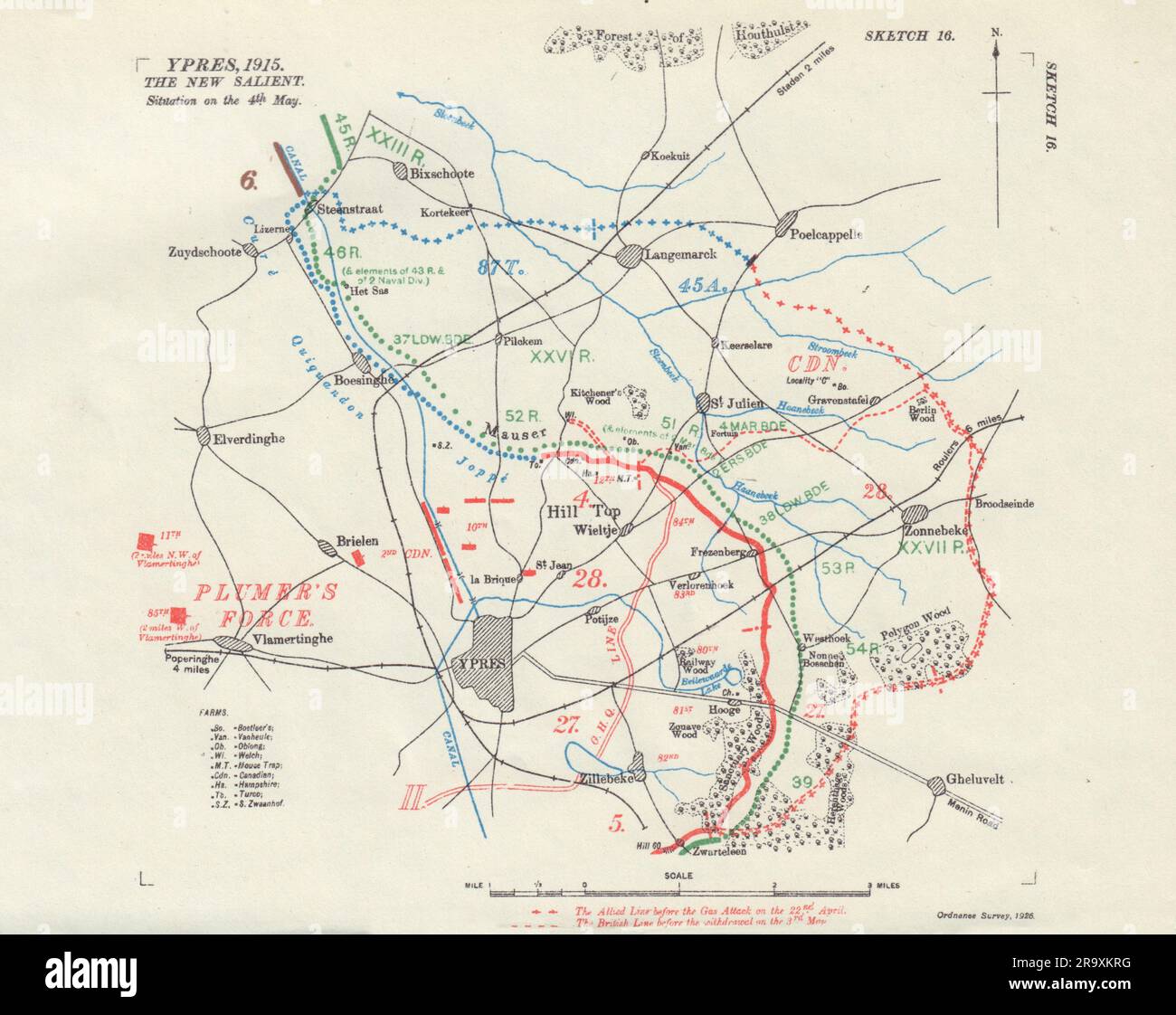 Ypres, new salient. Situation 4th May 1915. First World War. 1927 old map Stock Photo