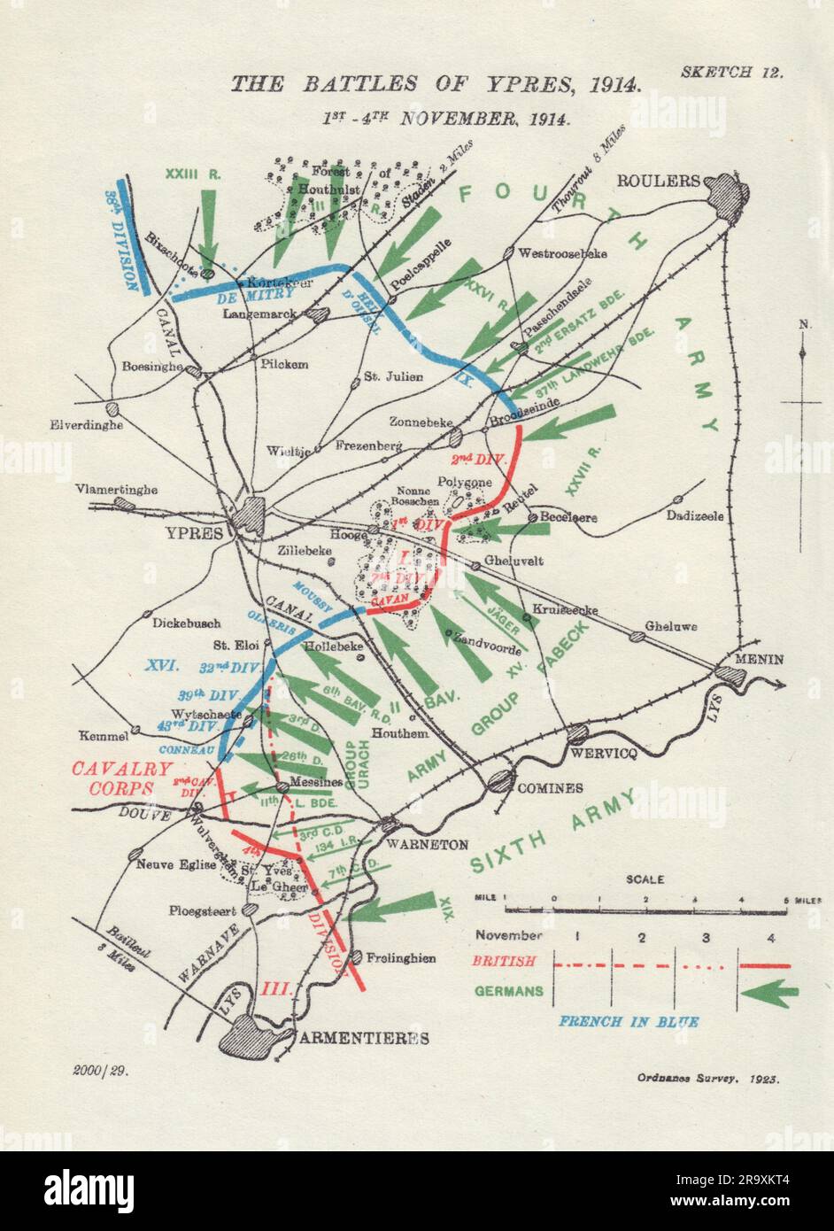 Battle of Ypres, 1st-4th November 1914. First World War. 1925 old vintage map Stock Photo