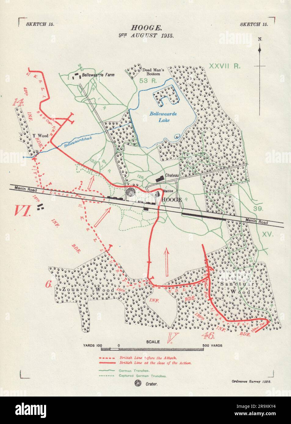 Hooge, 9th August 1915. Ypres Salient. First World War. Trenches 1928 old map Stock Photo