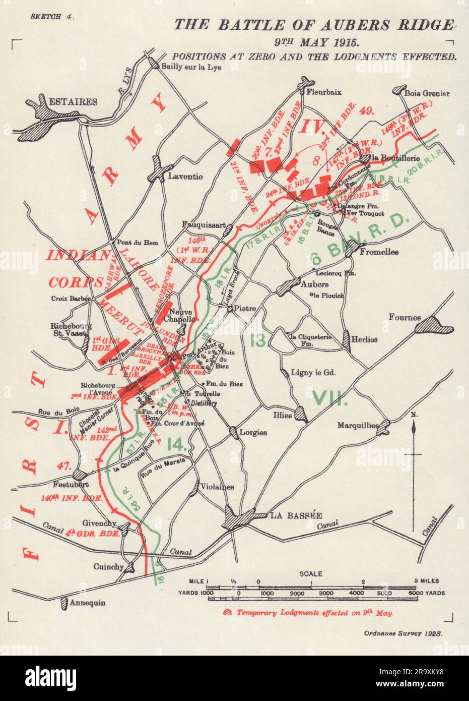 Battle of Aubers Ridge 9th May 1915. Positions at zero. WW1. 1928 old map Stock Photo
