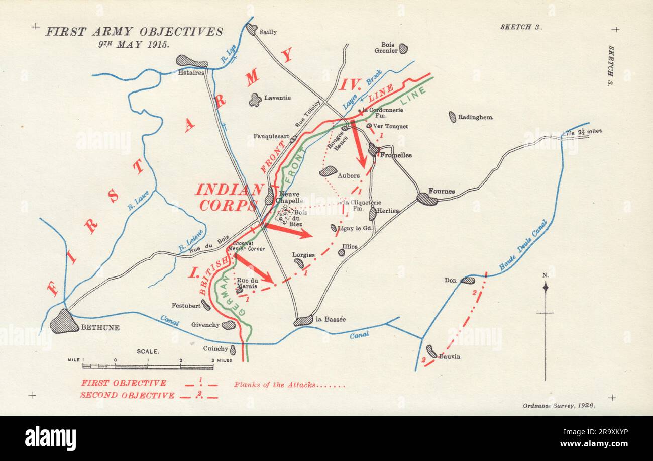 First Army Objectives 9th May 1915. Battle of Aubers. First World War. 1928 map Stock Photo