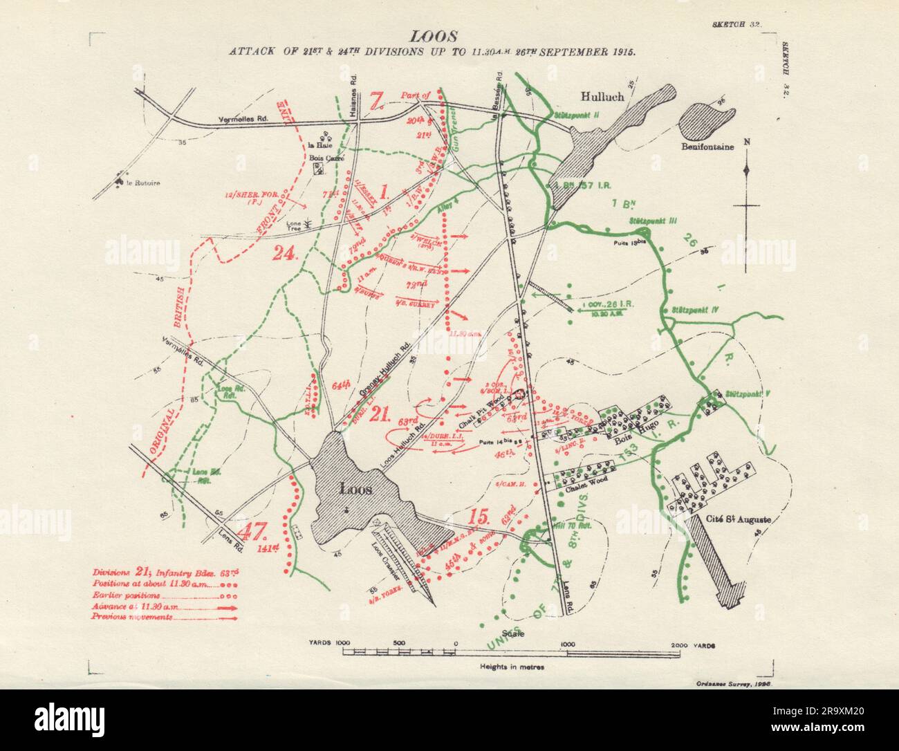 Battle of Loos 21/24 Divisions attack to 11:30am 26 Sept 1915. Trenches 1928 map Stock Photo