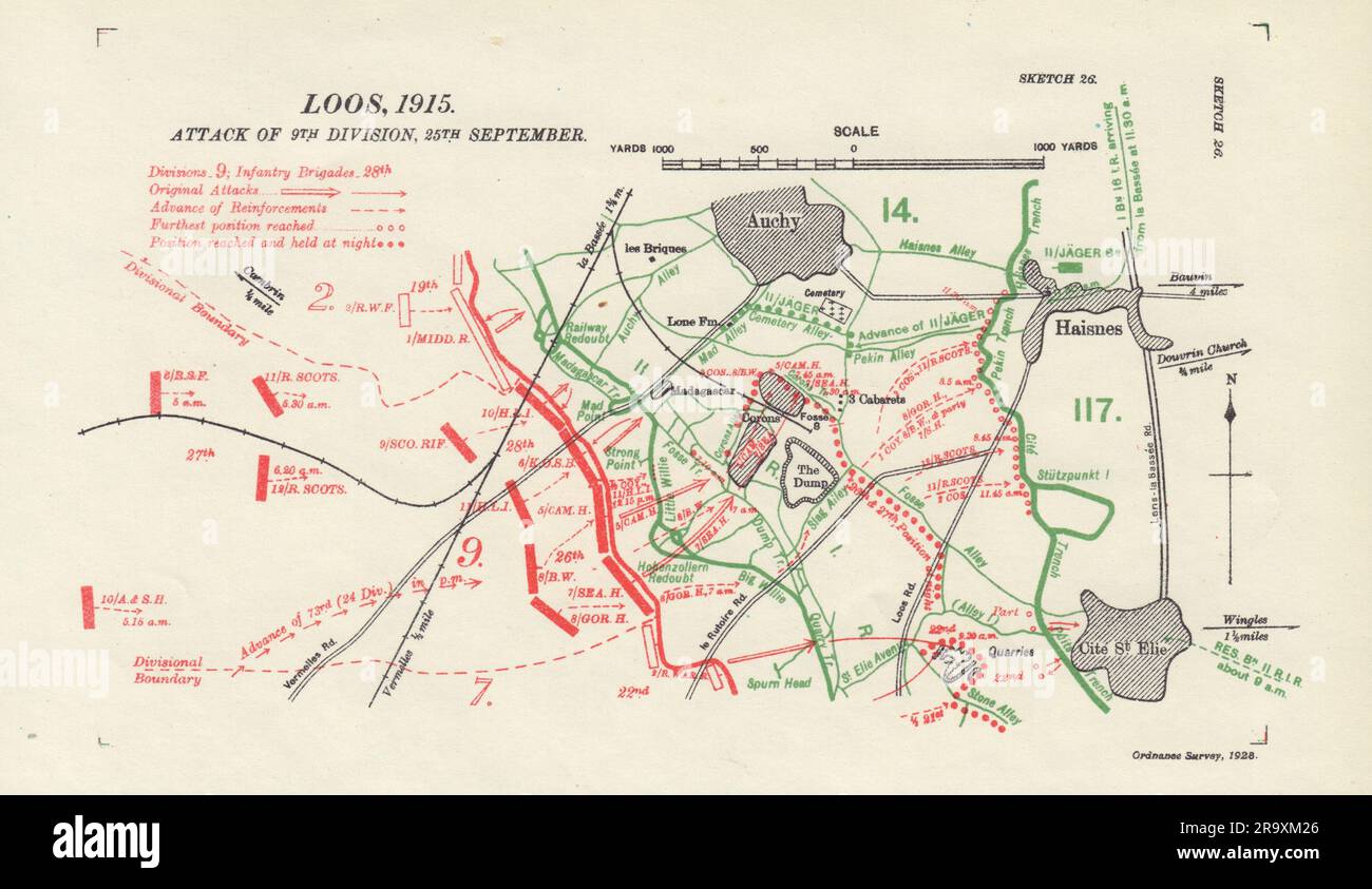 Battle of Loos, 9th Division attack, 25th September 1915. WW1. Trenches 1928 map Stock Photo
