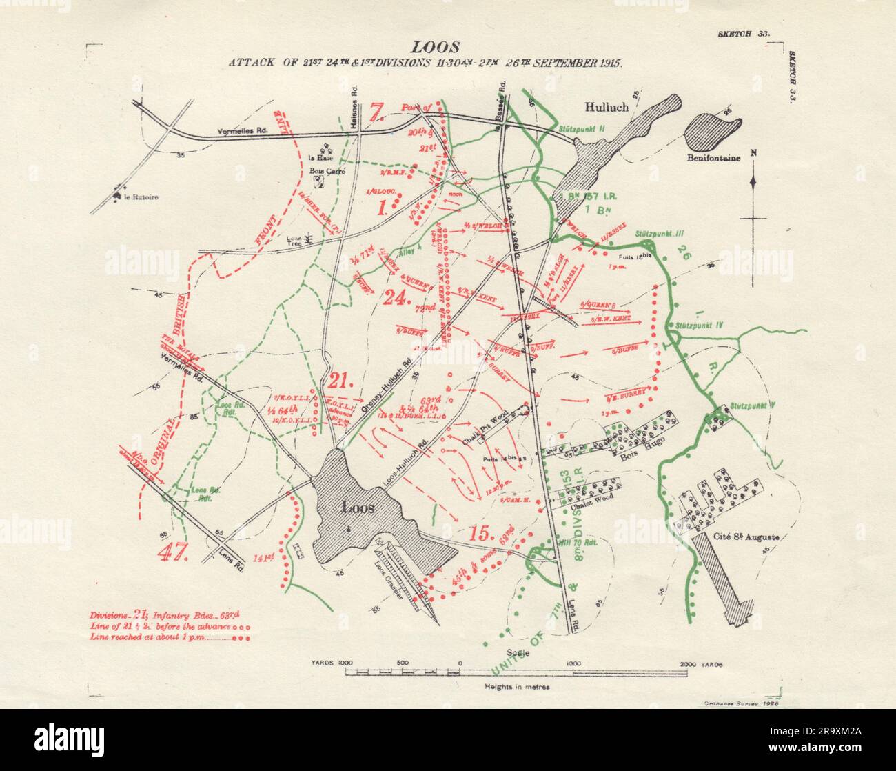 Battle of Loos 21/24 Divisions attack 11:30am-2pm 26 Sept 1915 Trenches 1928 map Stock Photo