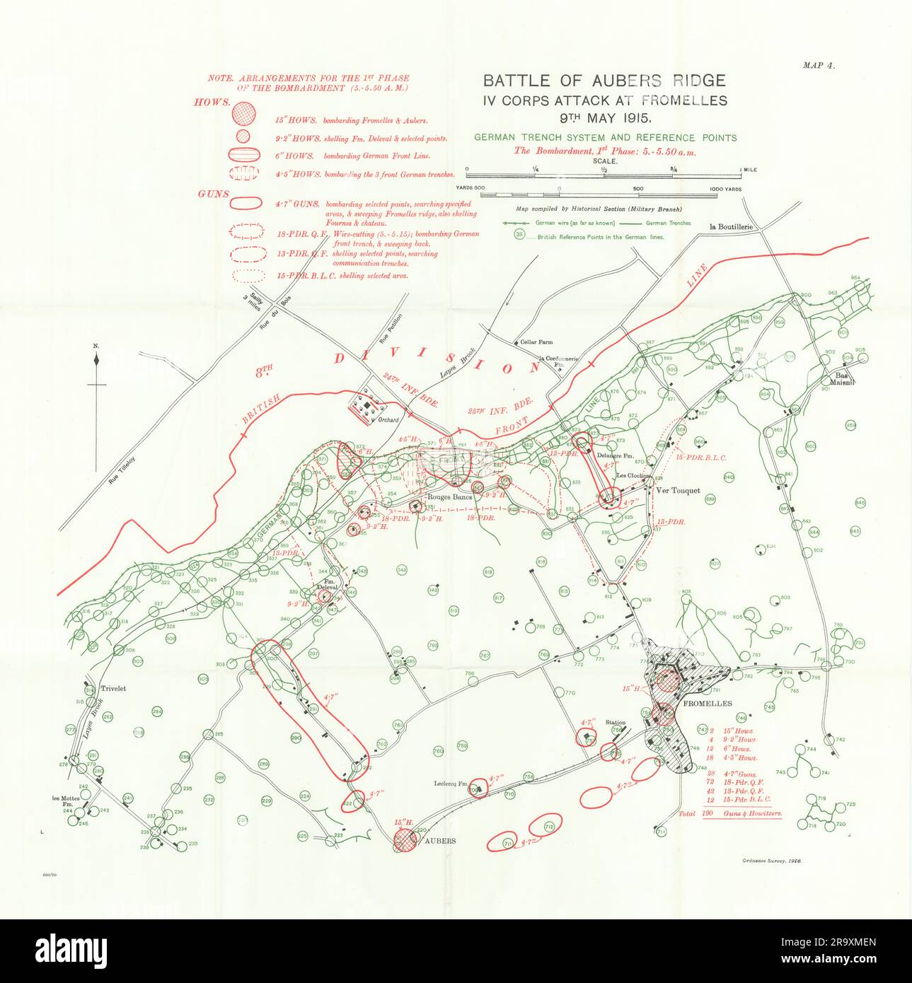 Battle of Aubers Ridge 9th May 1915. Fromelles attack. German Trenches 1927 map Stock Photo