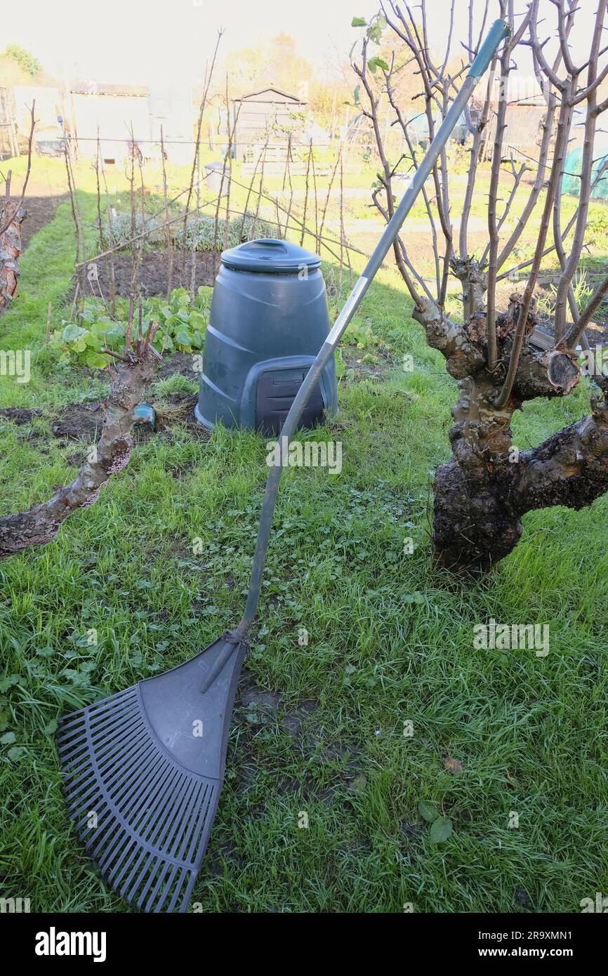 Large vintage bent handled plastic ergonomic leaf rake resting against dead tree on allotment Stock Photo