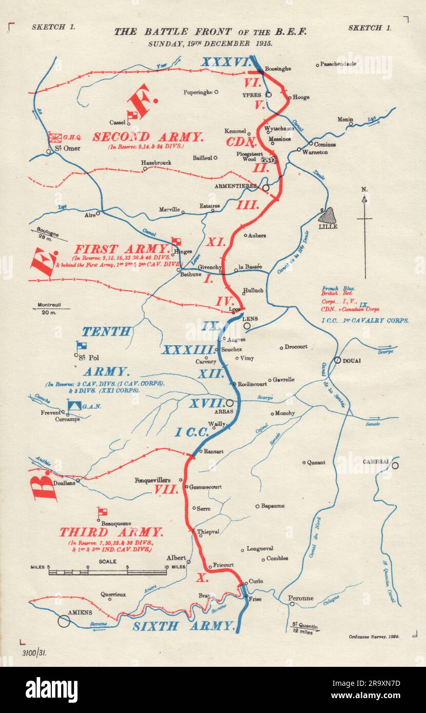 B.E.F. Battlefront, 19th December 1915. Battle of the Somme. WW1. 1932 old map Stock Photo