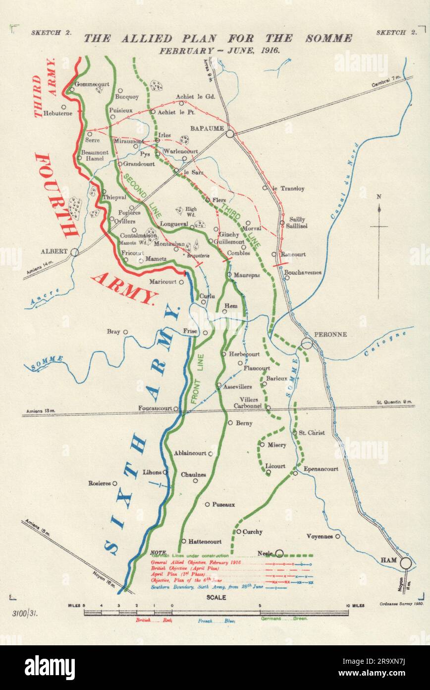 Allied Plan for Somme, February - June, 1916. First World War. 1932 old map Stock Photo