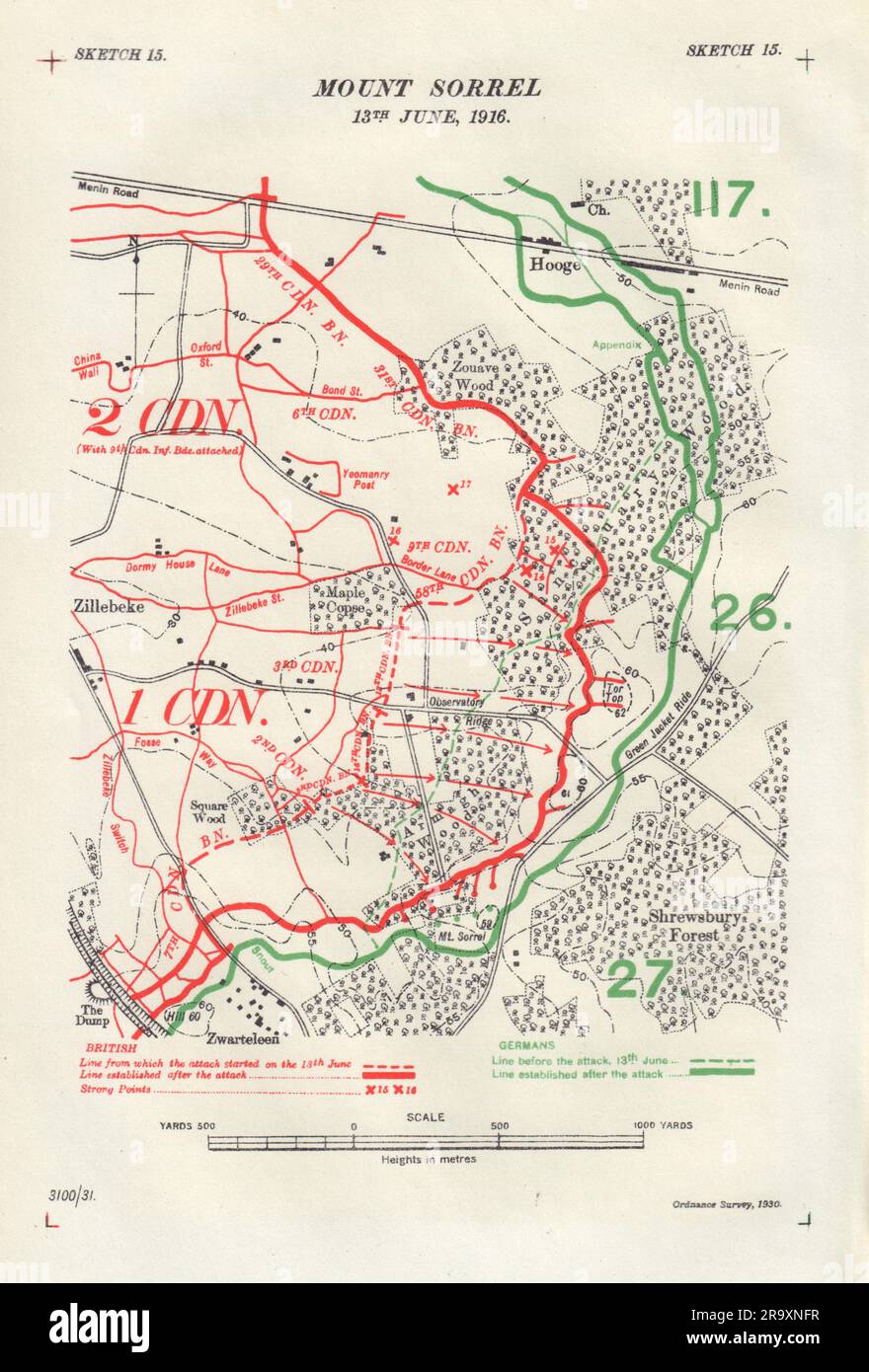 Battle of Mount Sorrel, 13th June 1916. Ypres Salient. WW1. Trenches 1932 map Stock Photo